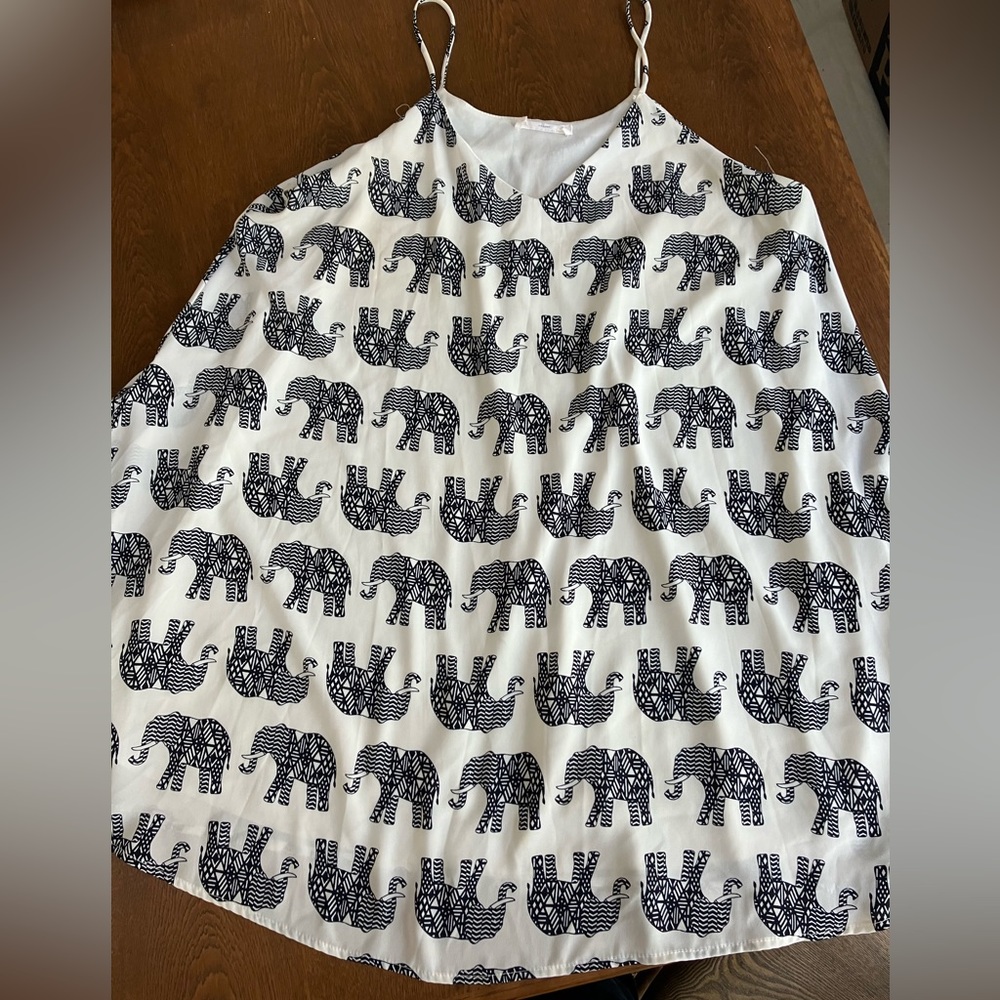 Spaghetti strap summer dress, L, black print elephants on cream wt background.